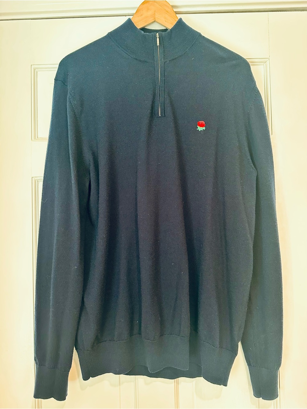 Charles Tyrwhitt Men's Navy Half-Zip Sweater with Red Rose Embroidery